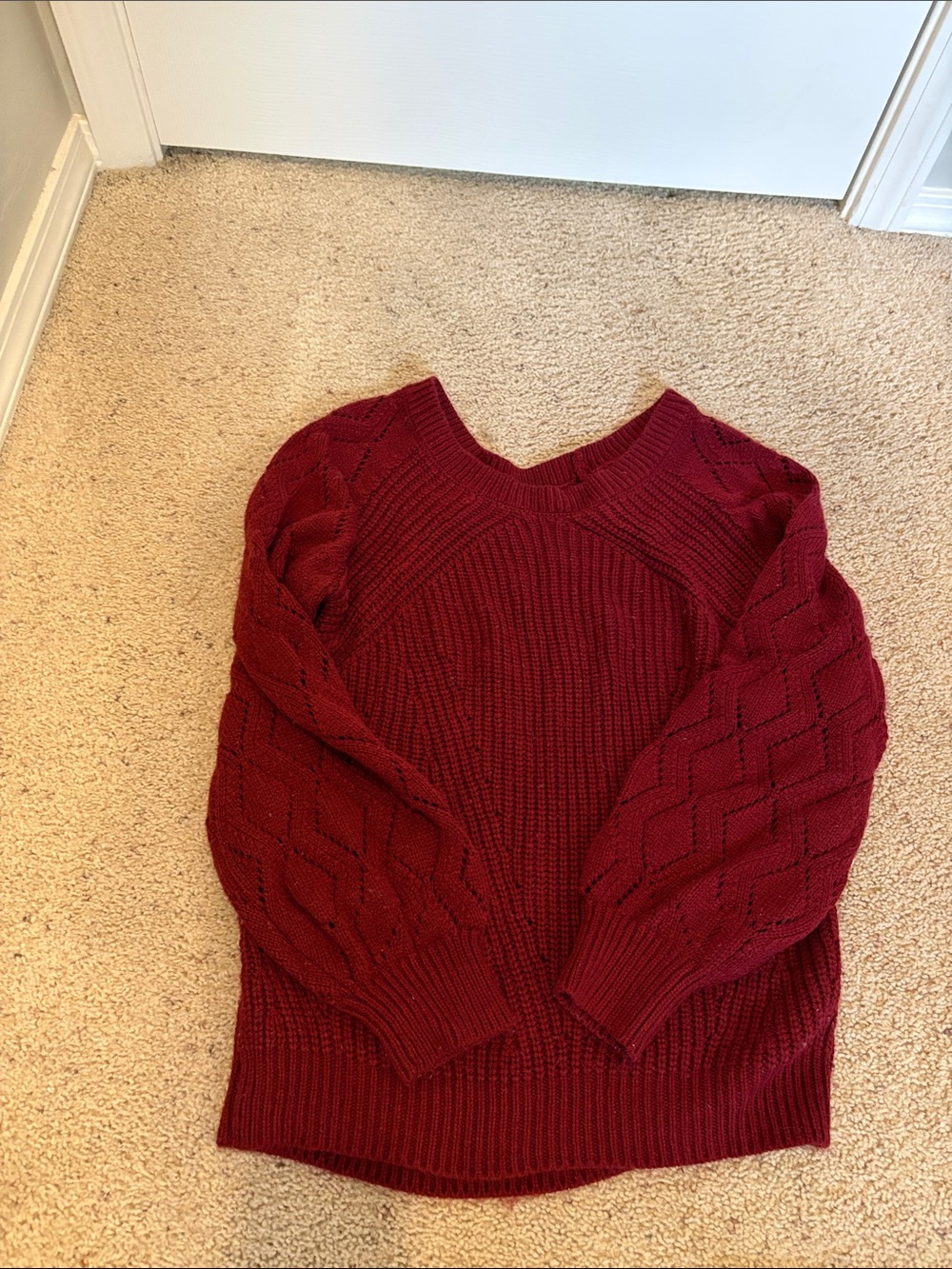 Cozy Women's Crewneck Cable Sleeve Sweater - Wine Red - Picture 2 of 8
